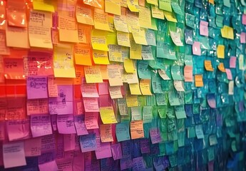A wall covered in colorful Post-it notes, each note containing unique messages and ideas. 