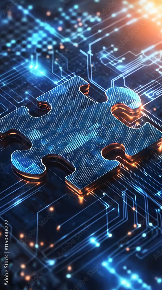 Poster a puzzle piece is integrated into a digital circuit board, symbolizing technology, connection, and p