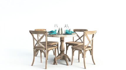 Fototapeta premium Rustic wooden table with four chairs, set for four, isolated on white.