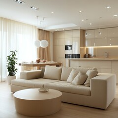 Fototapeta premium Modern Living Room With Beige Sofa and Stylish Kitchen in a Well-Lit Open Space During Daytime