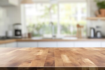 Empty wooden table top in blurred bright kitchen background.