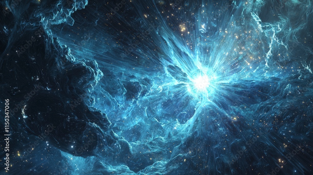 Poster intense cosmic explosion outer space digital art dark void wide angle celestial phenomenon