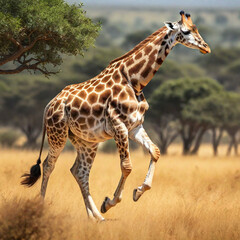 Obraz premium Giraffe running on background track desert nature wildlife and snow