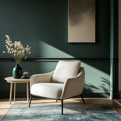 Cozy Armchair in a Stylish Living Room With Natural Light and Decorative Elements Emphasizing Modern Interior Design in a Serene Atmosphere