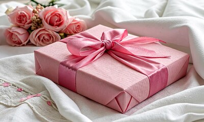 A beautifully wrapped pink gift box with a satin ribbon sits elegantly on a soft white fabric, accompanied by delicate pink roses, creating a scene of elegance and charm - Powered by Adobe