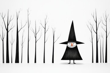 A minimalist silhouette of a garden gnome with a pointy hat and a beard, standing in a clean, geometric forest scene