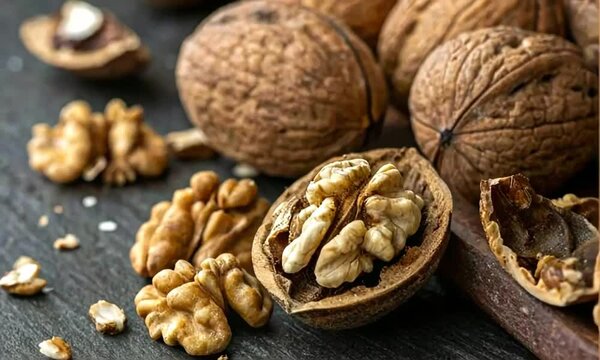 A close-up of whole walnuts and cracked walnut halves with rich, golden kernels displayed on a rustic dark wooden surface, highlighting their natural texture and nutritious appeal