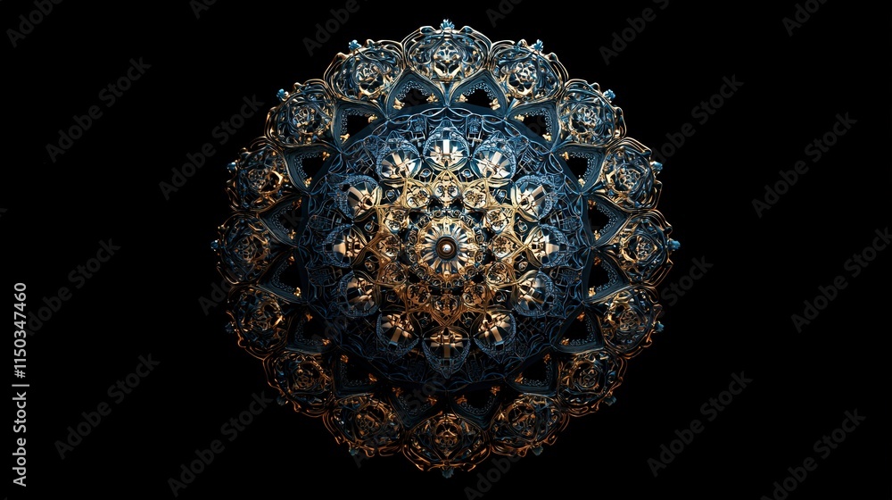 Poster fractured mandala symmetry abstract art digital creation dark environment top-down view intricate de