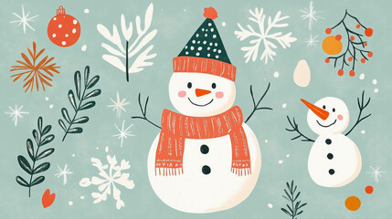 Festive artwork featuring snowmen and holiday decorations in winter surroundings