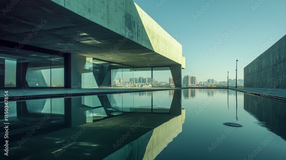 Aufkleber Modern architectural scene featuring open spaces and reflective water in urban environment