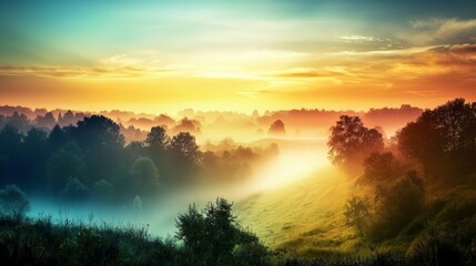 Obraz premium Misty sunrise over a serene landscape nature photography foggy horizon tranquil environment scenic viewpoint