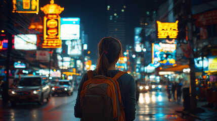 Naklejka premium A person with a backpack stands in a vibrant, illuminated street at night, surrounded by colorful neon signs and bustling city life.