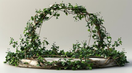 Elegant Marble Pedestal with Lush Green Vines and Delicate White Blossoms.