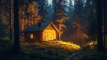 Cozy Cabin in Enchanted Forest at Dusk