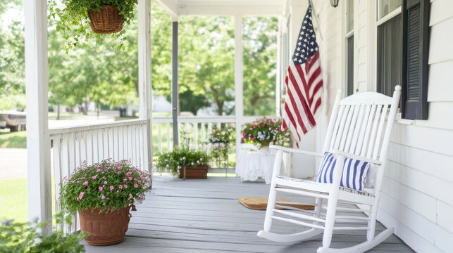 Cozy front porch with rocker and patriotic American flag decor