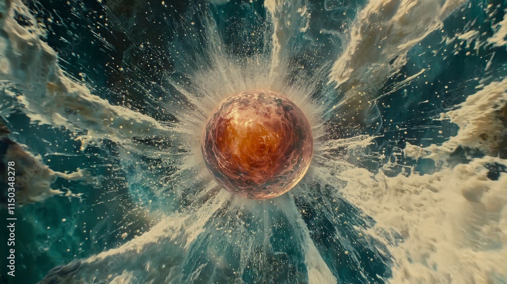 Aufkleber Disintegrating pulsating orb into waves of particles cosmic space digital art abstract environment dynamic viewpoint