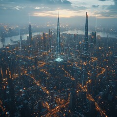 Fototapeta premium Experience the Breathtaking Skyline of a Bustling City at Twilight With Illuminated Towers and Winding Roads Showcasing Urban Vibrancy and Modern Architecture
