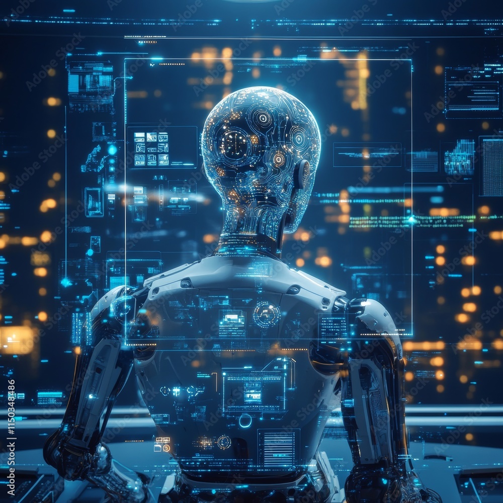 Poster robotic figure analyzing data in a futuristic digital environment showcasing advanced technology and