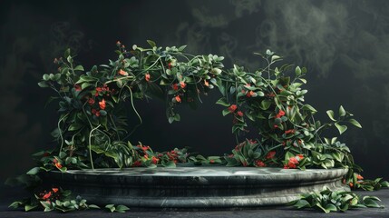 Dark Moody Floral Still Life with Stone Pedestal.