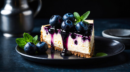 A decadent slice of blueberry cheesecake with blueberries on a black plate.
