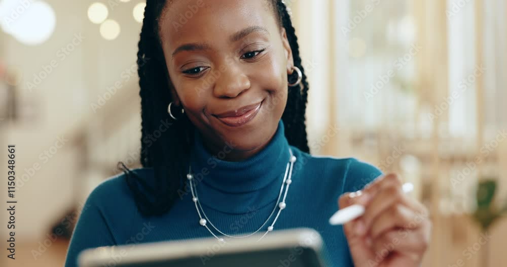 Aufkleber app development, smile and tablet with business black woman in office for web design management or q