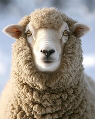 Fototapeta premium A close-up of a fluffy sheep with a soft expression against a snowy background.