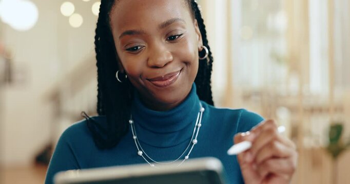 App development, smile and tablet with business black woman in office for web design management or quality control. Social media, software testing and writing with agency employee at work for launch