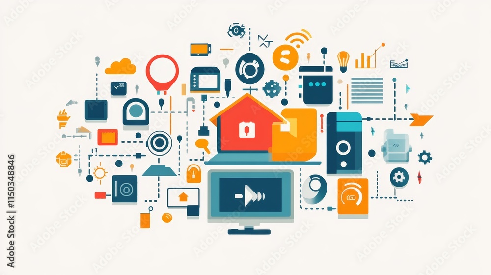 Poster conceptual illustration of smart home technology integration showcasing various connected devices an