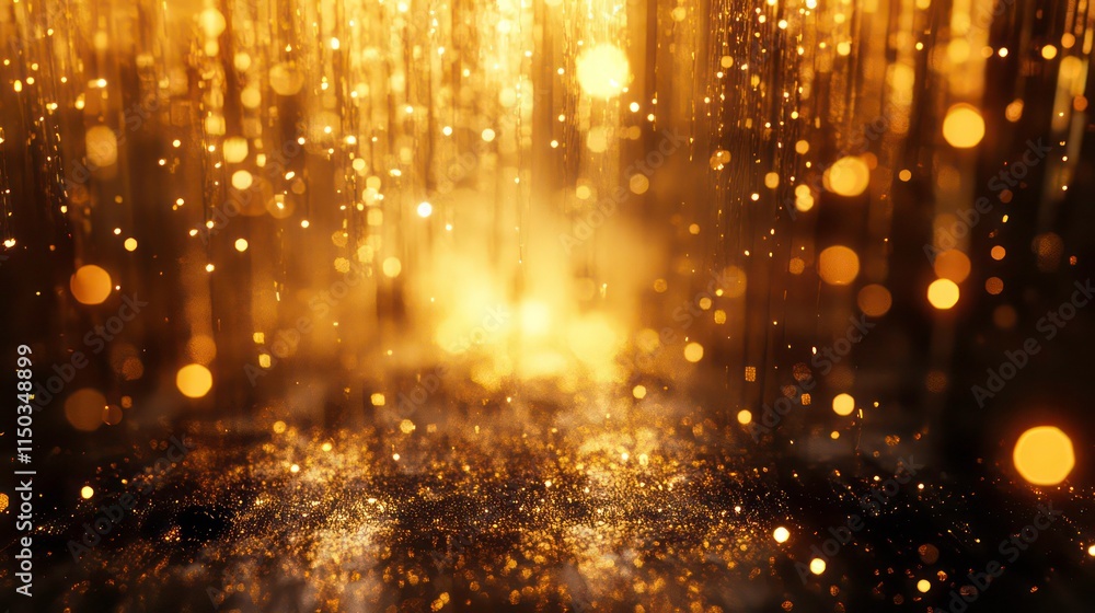 Poster glimmering gold and black abstract background with sparkling lights and bokeh effect.