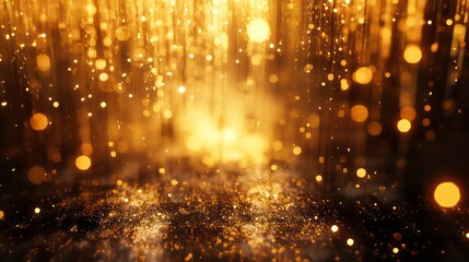 Glimmering gold and black abstract background with sparkling lights and bokeh effect.