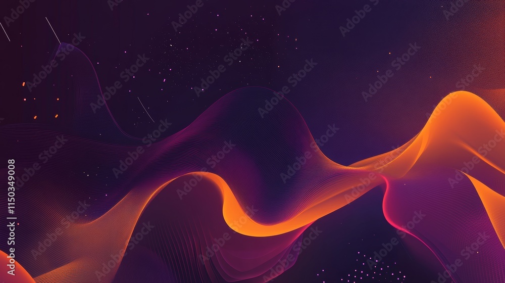 Poster fluid waves of color create an abstract pattern with deep purples and vibrant oranges in a digital s