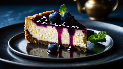 A decadent slice of blueberry cheesecake with blueberries on a black plate.