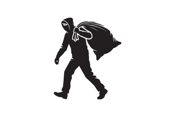minimalist a thief carrying a bag vector silhouette black color in white background