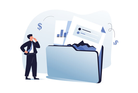 Financial illustration set. Characters investing money in stock market. People analyzing financial graphs, latest stock