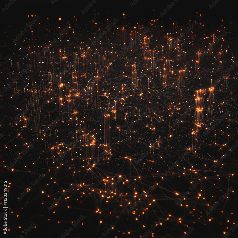 Poster visual representation of interconnected nodes with glowing lights illuminating a dark background dur