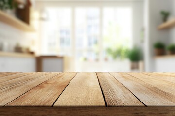 Empty wooden table in blurred bright kitchen background. (4)