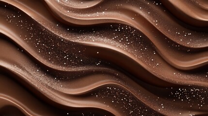 A close-up of smooth, wavy chocolate with sparkling highlights, creating a rich and indulgent texture.