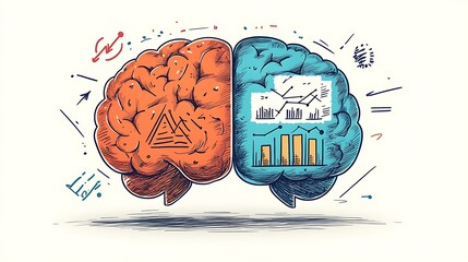 The left half of the brain is drawn with doodles icons