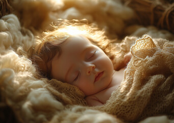 Photograph of an adorable baby sleeping in soft, golden light, wrapped up in warm blankets. The gentle rays cast intricate patterns on the tiny face and hair, creating a dreamy atmosphere.