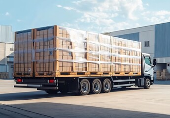 Naklejka premium A truck with an open trailer full of pallets and cartons is parked in front of the warehouse. 