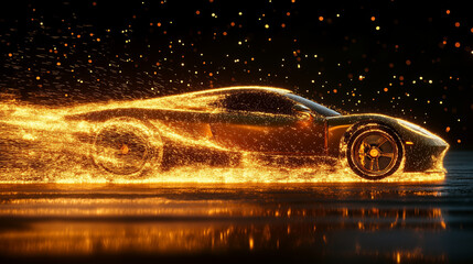 Dynamic sports car with sparks and golden light trails