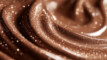A close-up view of smooth, glossy chocolate with shimmering highlights, showcasing its rich texture and indulgent appearance.