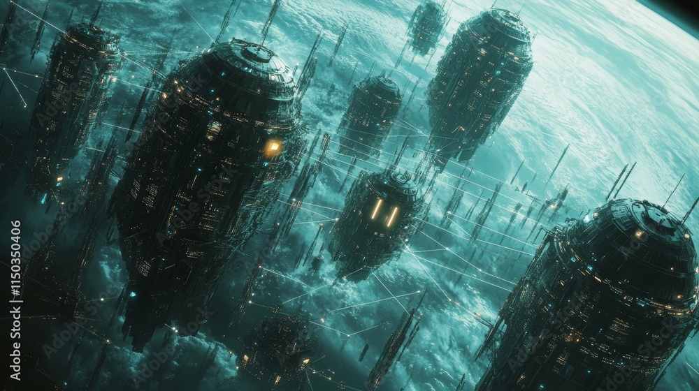 Poster futuristic cityscape floating above clouds with high-tech structures and glowing lights at dusk in a