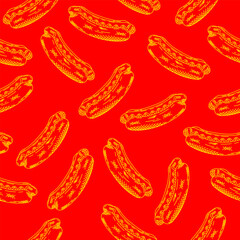 Hot dog seamless pattern on red background with hand drawn doodle sketch style. Vector illustration