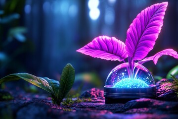 A soft watercolor painting of a GMO plant growing under a glowing dome, with pastel colors blending gently to create an ethereal feel