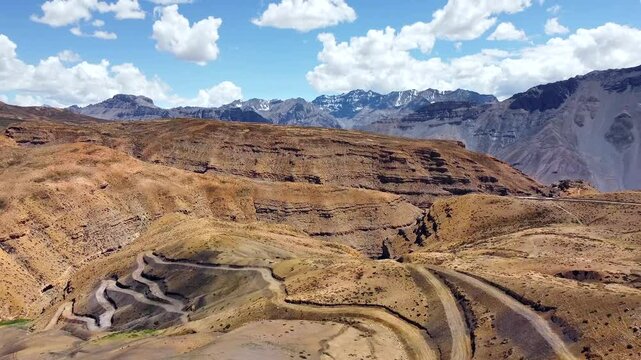An aerial view of the beautiful himalayan mountain landscape at hikkim near hikkim village in the valley, himachal pradesh, India