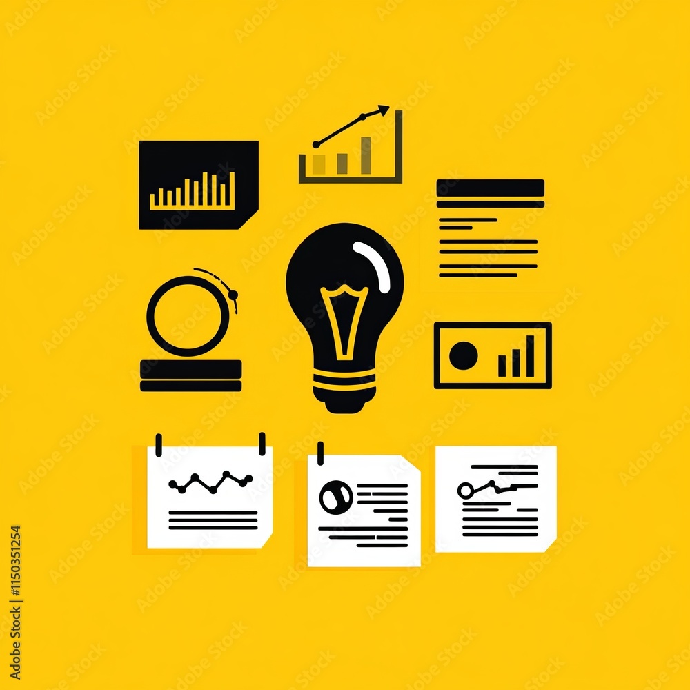 Poster creative design showcasing business analytics tools and lightbulb ideas on a bright yellow backgroun