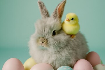 Fluffy Bunny with Cute Chick Amid Colorful Eggs