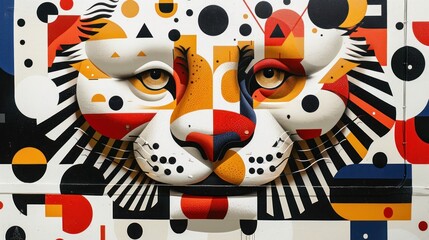 Fototapeta premium Colorful geometric panther face with circles, triangles, and stripes on white.