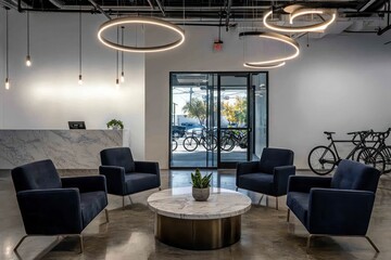 A modern office waiting space with circular pendant lights,dark blue armchairs,and a marble
